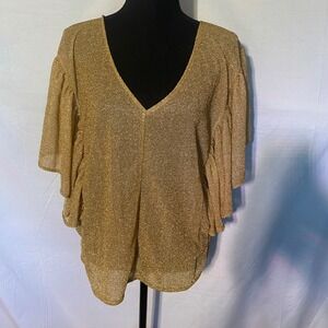 LUCE Gold Metallic Glitter Sheer‎ Butterfly Sleeve V Neck Top XS Made in Italy